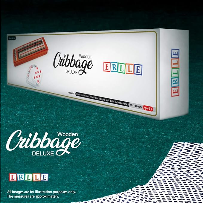 ERLLE - Wooden Cribbage Board Game Set, Continuous 3 Track Wooden Board, 9 Metal Pegs, 2 Decks of Cards, Sliding Lid and Storage, Unique Cribbage Boards,Travel Portable Cribbage Game Sets