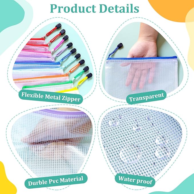 24pcs Mesh Zipper Pouch Bags, A5 9.4x7.1 Inches, 8 Colors, Organizing Pouches for Classroom, Home, Office & Puzzle Storage