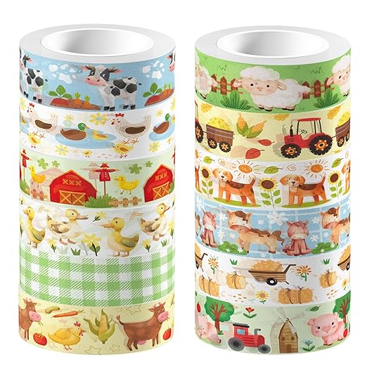 12 Pcs Farm Animals Washi Tape Farm Animals Masking Tape Decorations Farmhouse Cow Sheep Pig Ducks Decorative Paper Sticker for Vintage Journals, Planners, DIY Craft Gift Wrapping