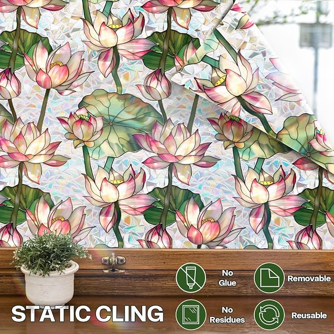 Stained Glass Window Film, Lotus Floral Privacy Film - Image 4