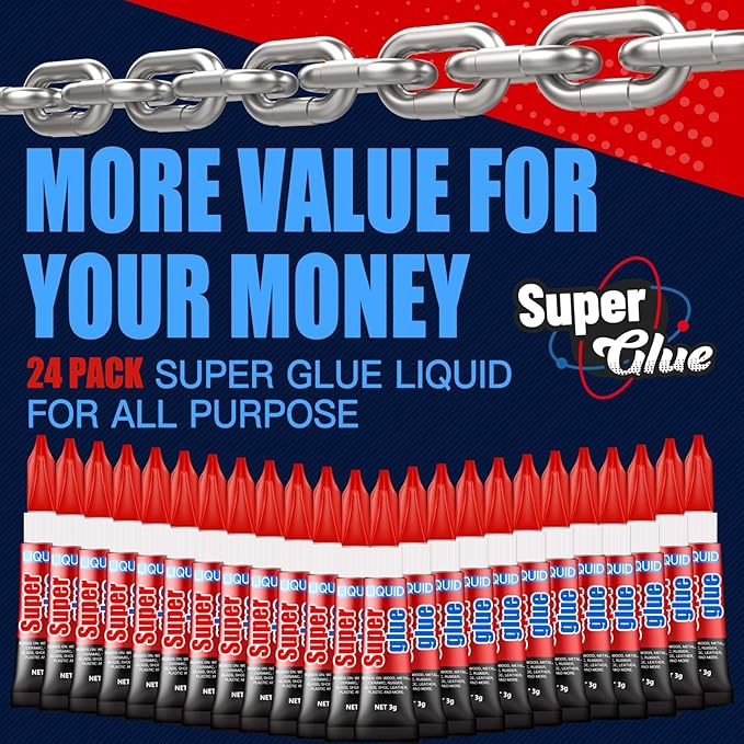 3 Gram (Pack of 24) Single Use Super Glue Liquid, Super Fast, Thin & Strong Adhesive Superglue, Cyanoacrylate Glue for Hard Plastics, DIY Craft, Ceramics, Leather, Metal Etc
