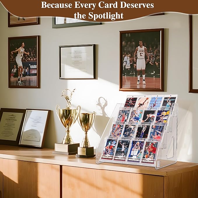 2 Pack Elevated 4 Tier Clear Acrylic Card Display Stand for Trading Cards, Sports Cards, Greeting Cards, Stickers – Slanted Holder for PSA Slabs, Vendors, Collectors & Retail (4 Tier 2 Pack)