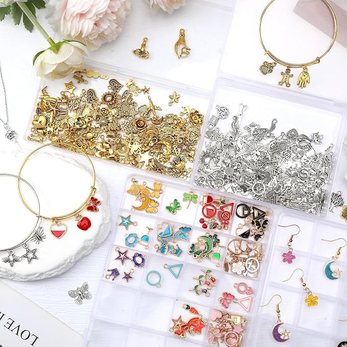 SANNIX 350Pcs Charm for Jewelry Making, Mixed Bulk Antique Gold Tibetan Silver - Image 4