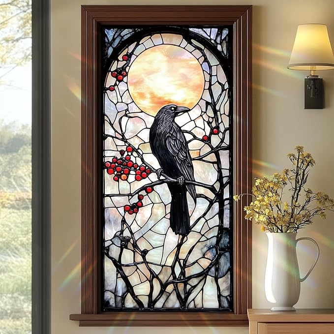 Stained Glass Style Raven Window Film, Gothic Inspired Privacy Decor by Unknown