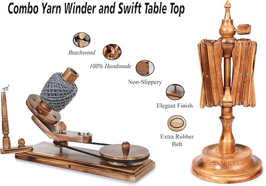 Handcrafted Wooden Yarn Ball Winder and Tabletop Swift - Winds 8-12 oz Yarn Balls for Crocheting & Knitting Craft, Durable and Smooth Yarn Winding Set (Antique Winder and Swift)