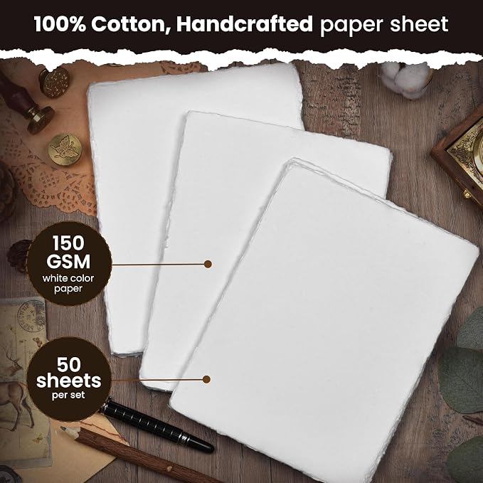 LEATHER VILLAGE Offwhite Deckled Edge Handmade Watercolor Paper 6x8 | 50 Sheets - Image 2