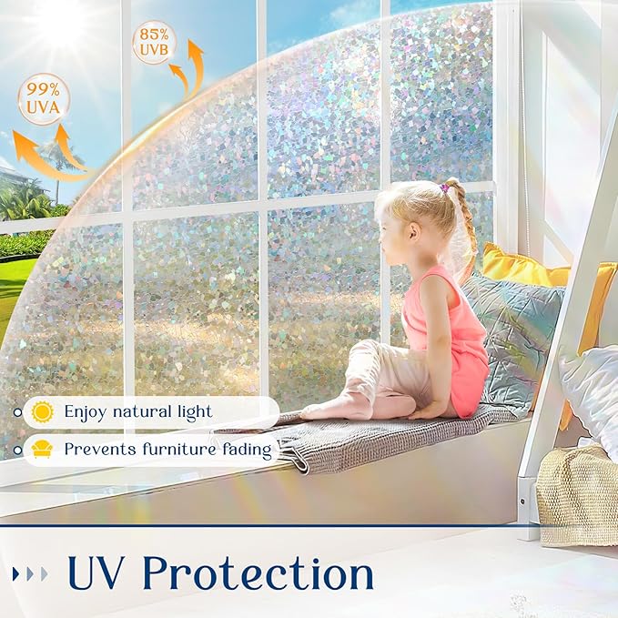 Haton Window Privacy Film, Rainbow Stained Glass Window Clings, 3D Decorative UV Sun Blocking Sticker, Removable Static Cling Heat Control Tint for Home Door, 35.4" x 78.7" Non-Adhesive
