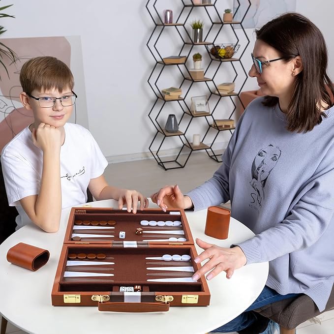 Backgammon Set 2 Players Classic Backgammon Sets for Adults Board Game with PU Leather Case Portable and Travel Backgammon Set (Brown, 18inch)