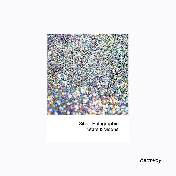 Hemway Polyurethane & Epoxy Resin Glitter Metallic Crystal Flake Additive for Flooring, Jewellery, Tumblers & Resin Moulds 100g / 3.5oz - Shaped (0.3mm x 1.5mm) - Silver Holographic Stars & Moons