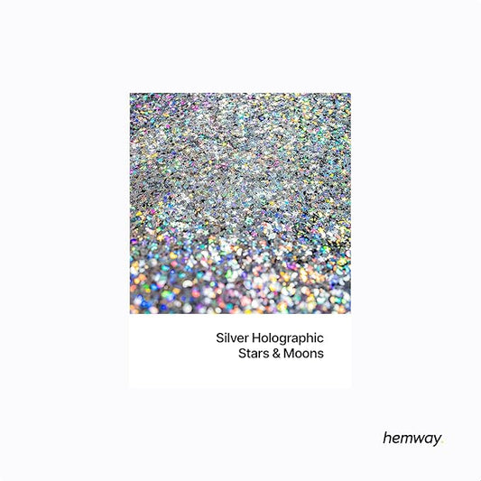 Hemway Polyurethane & Epoxy Resin Glitter Metallic Crystal Flake Additive for Flooring, Jewellery, Tumblers & Resin Moulds 100g / 3.5oz - Shaped (0.3mm x 1.5mm) - Silver Holographic Stars & Moons