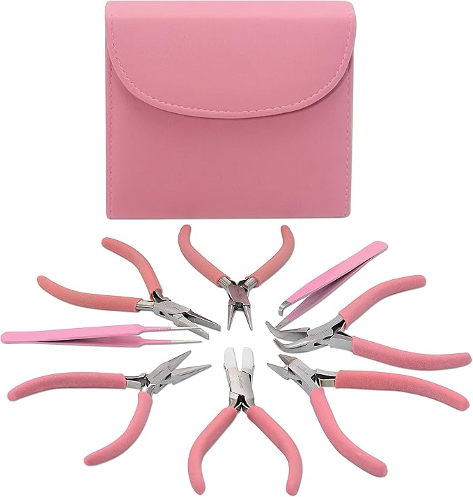 The Beadsmith Fashion Color Pliers – Set of 8 Slimline Color-Coordinated Tools – Matching Clutch in Bubblegum – Jewelry Making Supply Kit to Create Necklaces, Bracelets, Earrings & More