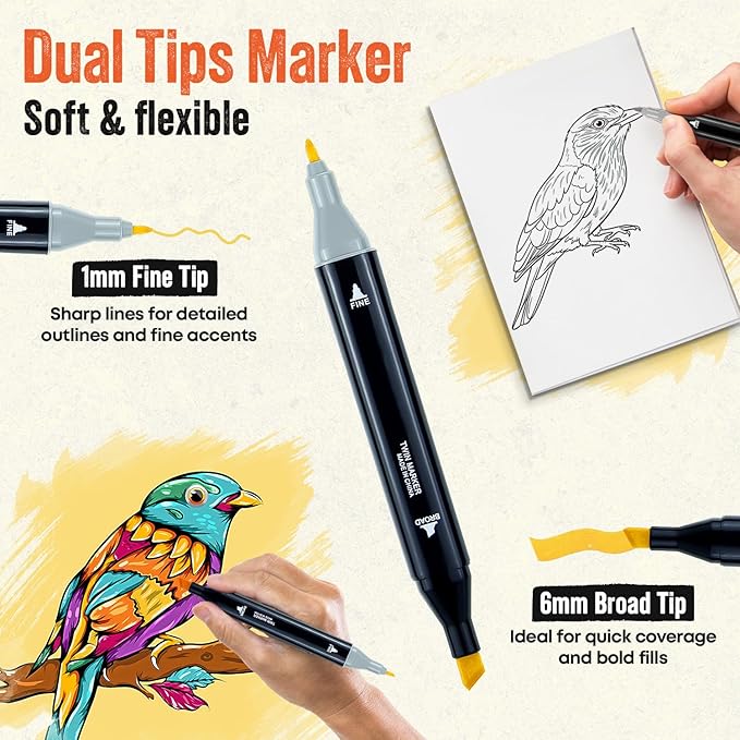 262-Piece Dual Tip Alcohol Markers Set with 12 Free Acrylic Paint Markers - No Bleed, Vibrant Colors for Drawing - Fine & Chisel Tips with Organizing Case - Blending Markers for Adults & Kids