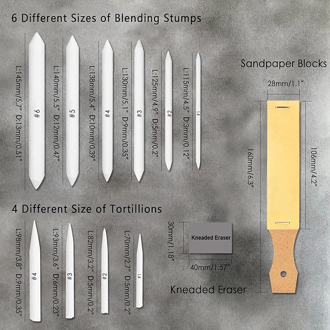 HIFORNY 20 PCS Blending Stumps and Tortillions Set Blending Tools,Kneaded Eraser and Sandpaper Blocks