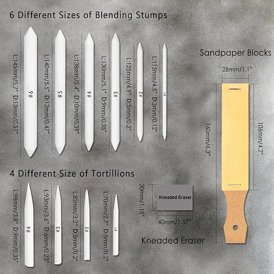 HIFORNY 20 PCS Blending Stumps and Tortillions Set Blending Tools,Kneaded Eraser and Sandpaper Blocks