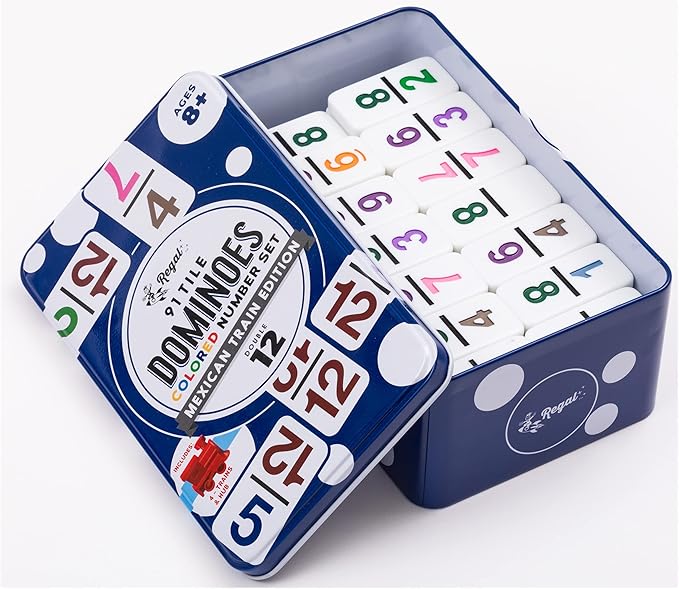 Regal Games Mexican Train Dominoes Set for Adults - Double 12 Dominoes with 91 Numbered Domino Tiles & 4 Trains - 2 or 4 Player Games & Ideal for Family Fun Game Night and Travel