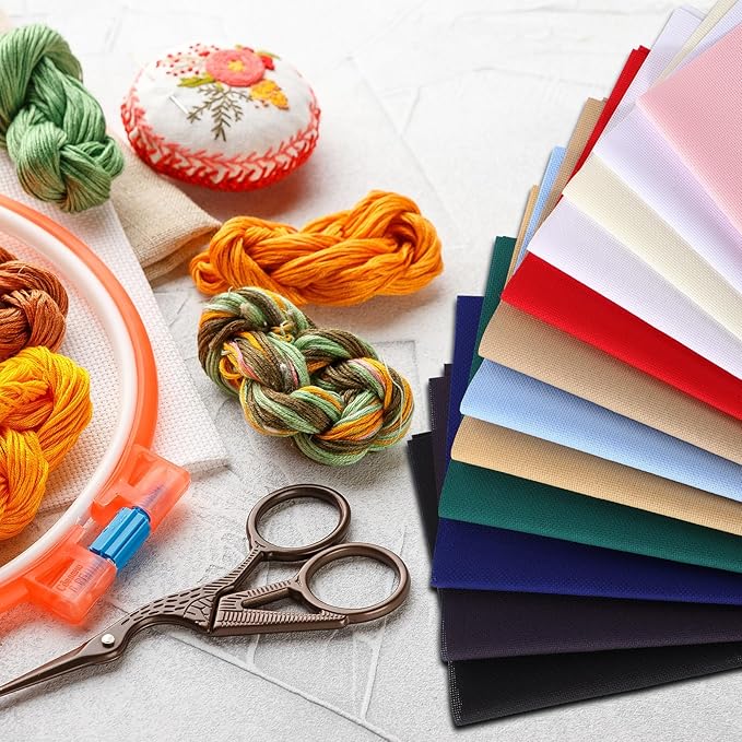 12 Pcs Aida Cloth 12 Color 14 Count Cross Stitch Fabric DIY Cross Stitch for Embroidery DIY Handmade Art Craft, 12 x 18 inch(Colorful)