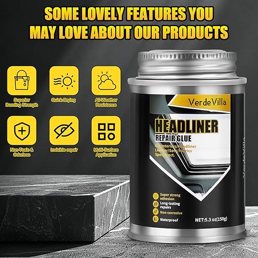 Headliner Repair Glue, Car Headliner Adhesive with Brush, Car Roof Liner Fabric Adhesive, Upholstery Glue for Cars,Headliner Repair Kit, Suitable for Automotive interiors, Fabric, Leather,150ml