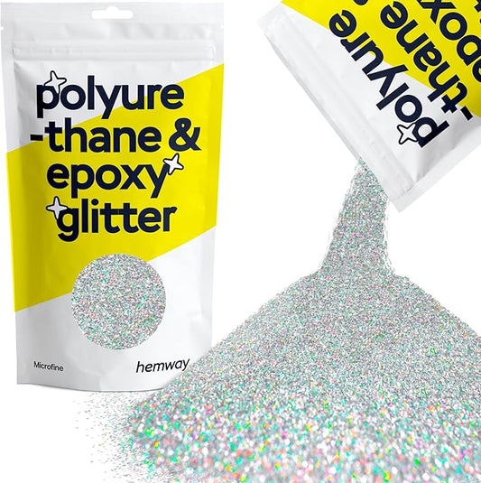 Hemway Polyurethane & Epoxy Resin Glitter 100g / 3.5oz Metallic Crystal Flake Additive for Flooring Jewelry Tumblers Glass Pigment - Microfine (1/256" 0.004" 0.1mm) - Silver Holographic