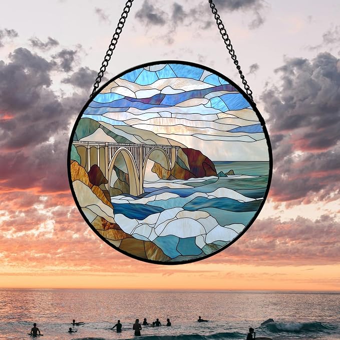 DASTOLL Stained Glass Window Hanging 4 Pcs Set Ocean Waves 7.8" - Image 3