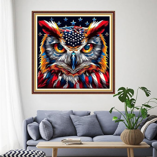 Funchey Stamped Cross Stitch Kits, DIY Cross Stitch Pattern for Adults Beginners Needlepoint Kits Embroidery Kit Arts and Crafts 11CT-National Flag Owl 18x18 inchs