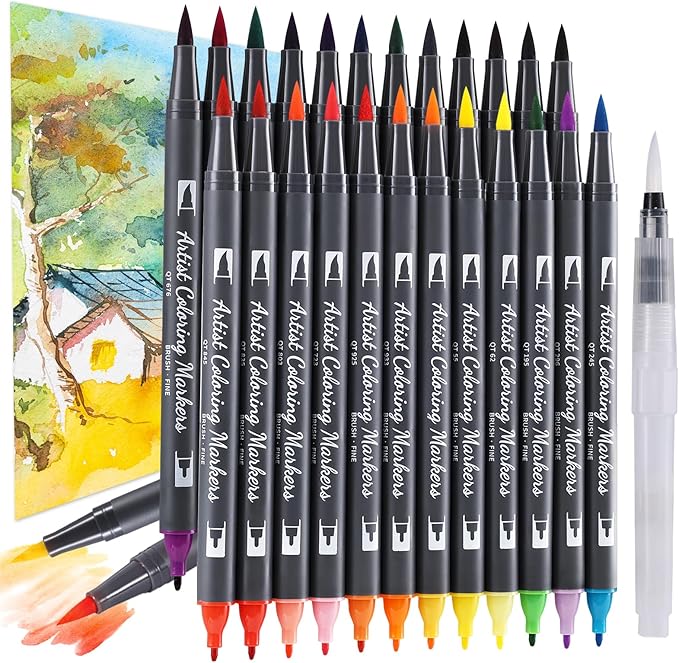 24 Colors Blendable Watercolor Markers 2025 Upgrade Double Tip Paint Pens with 1 Water Brush Pen Water Based Coloring Pens Drawing Markers Set with Flexible Brush Tip for Artists and Beginners