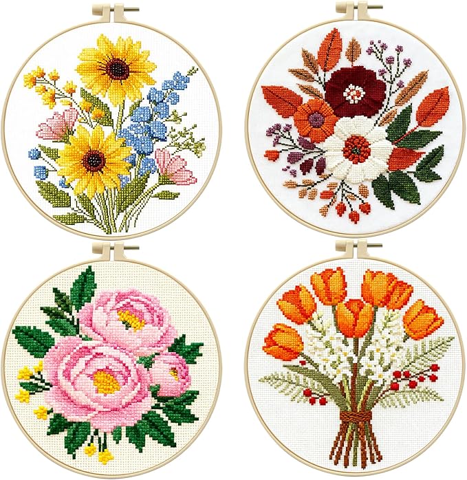 Zhenqing 4-Piece Floral Cross Stitch Kit - Image 3