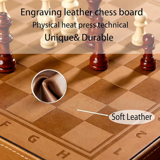 15" Magnetic Chess Set & Checkers Set 2 in 1，Rinten Leather Portable Travel Chess Board Game Sets with Velvet Bag Packaging Beginner Large Chess Set for Kids and Adults