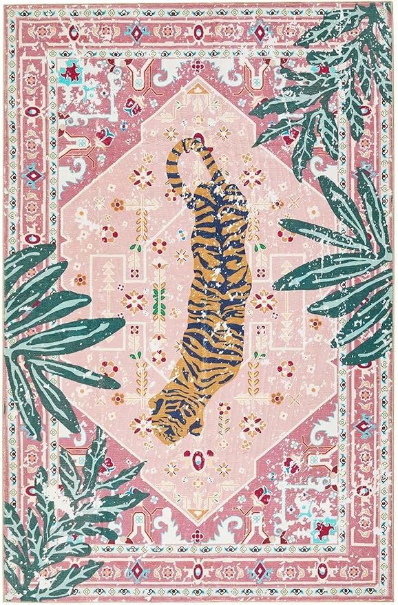 Hippie Rugs, 2x3 Faux Wool Tropical Pink Boho Throw Rugs for Bathroom Kitchen Small Indoor Entryway Rug Modern Vintage Distressed Indian Accent Floor Mat Non-Slip Washable