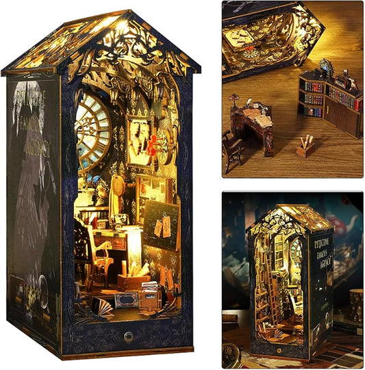 ISSEVE DIY Book Nook Kit, 3D Wooden Puzzle DIY Miniature House Kit for Booknook Shelf Insert Decoration, Magic Book House Stand Bookshelf Dollhouse for Adults with Sensor Light (Detective Agency)