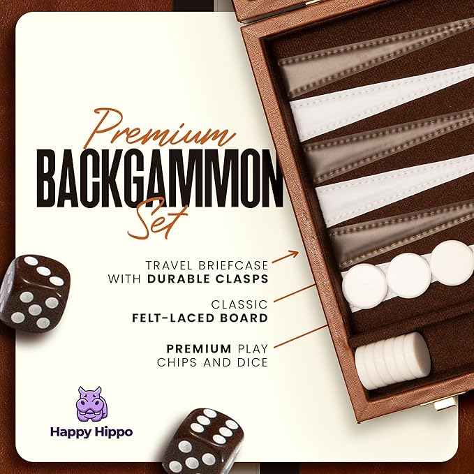 Backgammon Board Game, Deluxe Leather Like Case, Felt Interior, Brown, Classic Backgammon Game, Popular Board Game, Board Games (Large (18"))