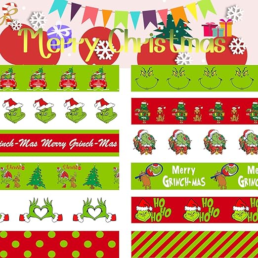 12 Rolls Christmas Washi Tape - Festive Cartoon Characters, Green & Red Xmas Decorative Masking Tape for Scrapbooking, Journals, Calendars, DIY Crafts & Gift Wrapping (16.4ft x 0.6")"