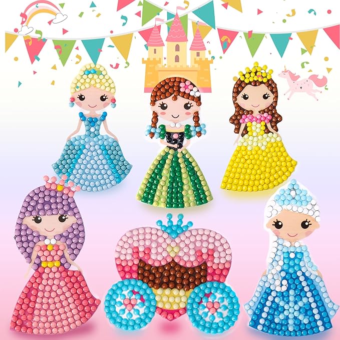 Cymbana Diamond Painting Kits for Kids 18 Pcs Princess and Their Buddy Gem Art Sticker for Kids Ages 6-8 8-12 Contains Unicorn, Mermaid