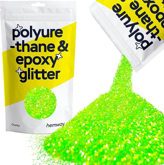 Hemway Polyurethane & Epoxy Resin Glitter 100g / 3.5oz Metallic Crystal Flake Additive for Flooring Jewelry Tumblers Glass Pigment - Chunky (1/40" 0.025" 0.6mm) - Fluorescent Green
