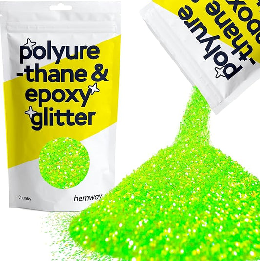 Hemway Polyurethane & Epoxy Resin Glitter 100g / 3.5oz Metallic Crystal Flake Additive for Flooring Jewelry Tumblers Glass Pigment - Chunky (1/40" 0.025" 0.6mm) - Fluorescent Green