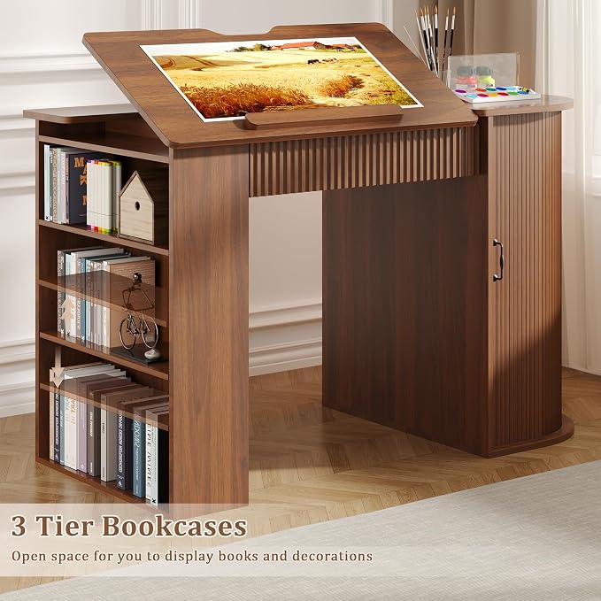 Drafting Table with Storage Cabinet & Drawers, Adjustable Drawing Table with - Image 5