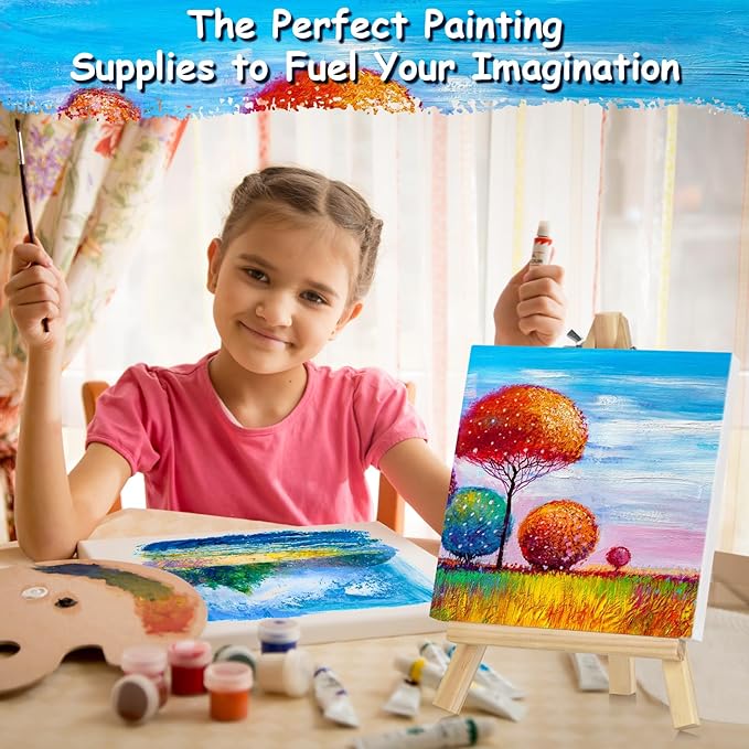 12PCS Mini Canvas and Easel Set - 5x5In Profile Small Square Canvases and 7.7 x 4.4In Easel - 100% Cotton Mini Stretch Canvas for Children's Painting Art Supplies, School Home Decorating Projects
