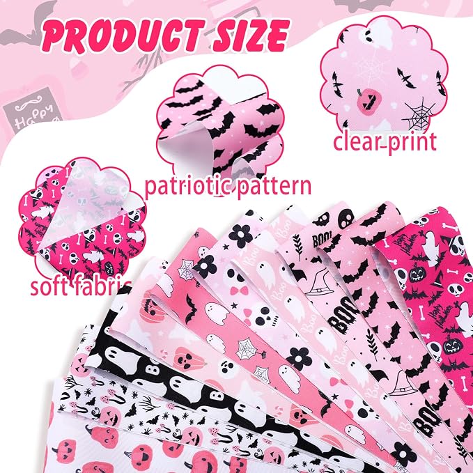 Hosuly 40 Pcs Pink Halloween Fabric Patchwork Roll Halloween Pumpkin Ghost - Image 5