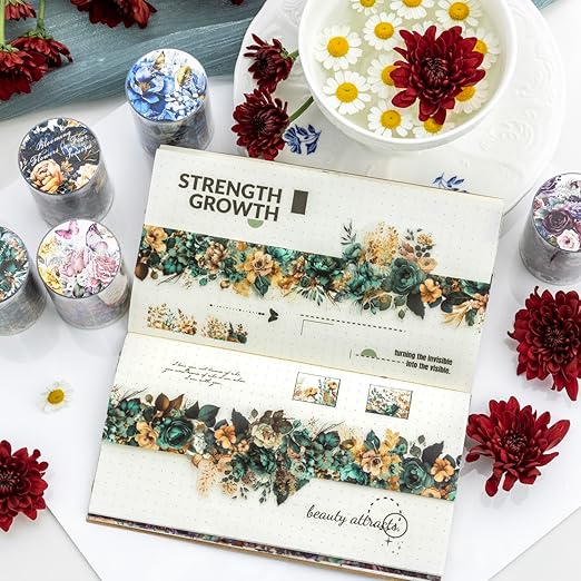 Flower PET Tape Stickers for Journaling,6 Rolls Transparent Floral Washi Tape for Scrapbook Supplies,Junk Journal,DIY Craft,Notebook,Diary(Flourishing Blossom)