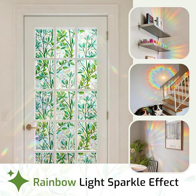LUTE Stained Glass Window Privacy Film, Leaf Rainbow, 35.4" X 157.4" | No Glue - Image 3