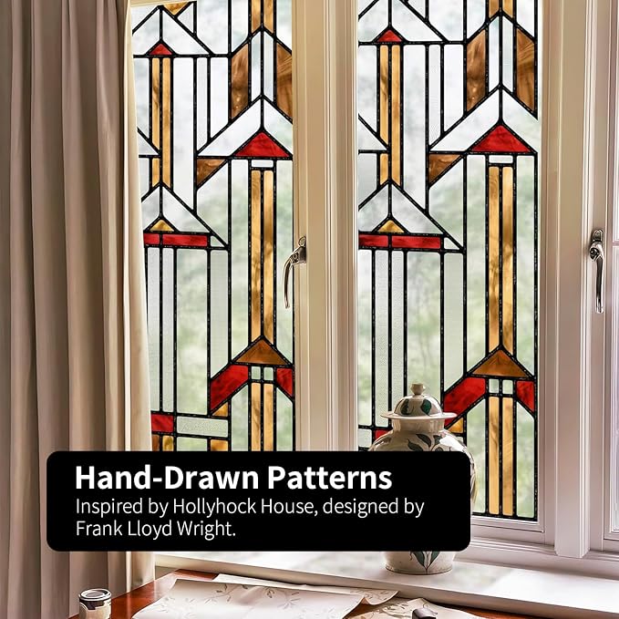 Original Hand Drawn Stained Glass Window Film Amber Geometry Patterns Inspired - Image 2