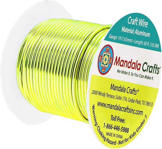 Mandala Crafts 14 Gauge Anodized Aluminum Craft Wire for Jewelry Making - 60 FT Colored Flexible Yellow Green Wire - Bendable for Bonsai Armature Crafting Sculpting