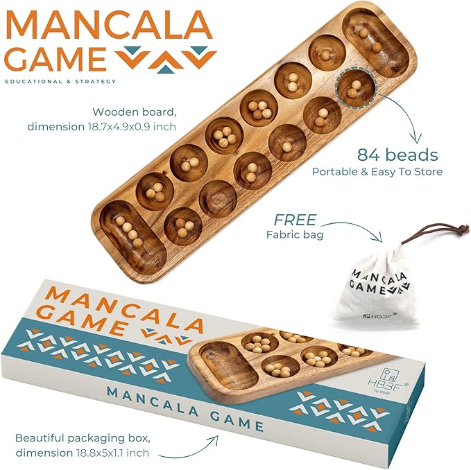 BSIRI Mancala Wooden Classic Board Game Entertainment for Family AdultsTeens Kids Ideal for Game Nigh Play with 2 or More People in All Ages