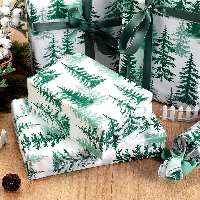 100 Sheets Christmas Tree Tissue Paper, 20x14in Forest Style Wrapping Tissue Watercolor Xmas Tree Art Tissue for Xmas Party Gift Bag Fillers Winter Party Decor (Blush Green)