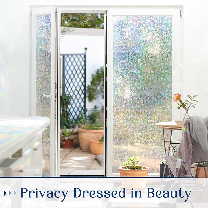 Haton Window Privacy Film, Rainbow Stained Glass Window Clings, 3D Decorative UV Sun Blocking Sticker, Removable Static Cling Heat Control Tint for Home Door, 17.5" x 157.4" Non-Adhesive