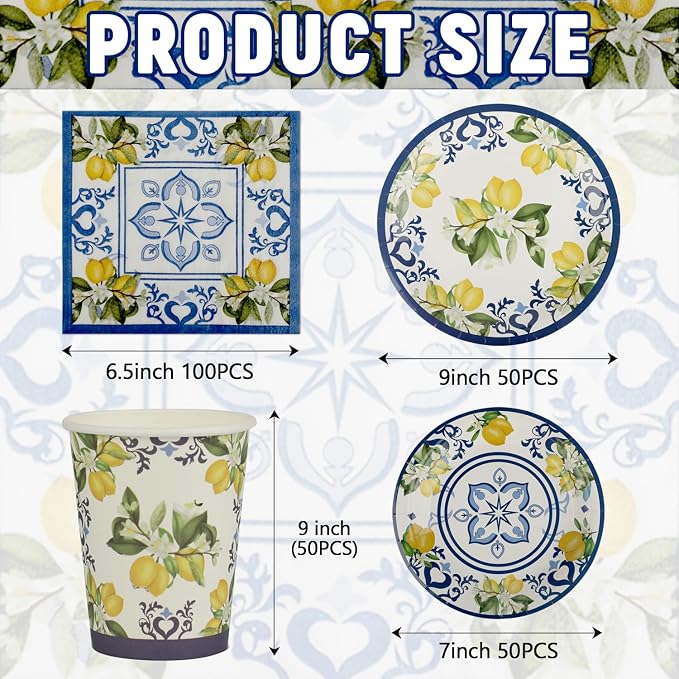 250 PCS Capri Lemon Party Tableware Supplies, Disposable Blue Paper Plates Cups - Image 2