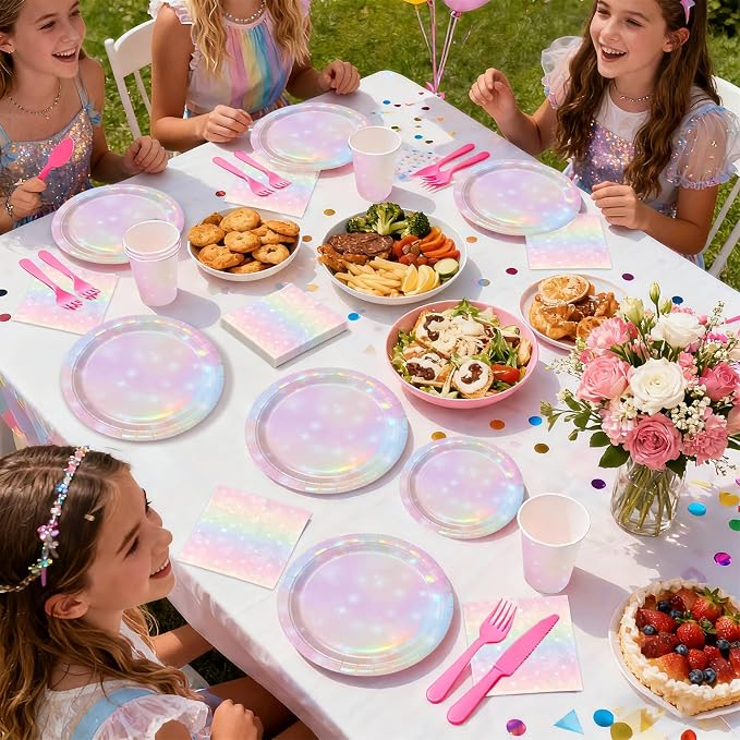 168Pcs Pink Pastel Rainbow Party Decorations Pink Iridescent Plates and Napkins - Image 7