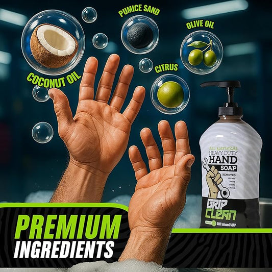 Grip Clean Heavy-Duty Hand Cleaner for Mechanics with Nail Brush - Moisturizing Coconut Oil Hand Cleaner Liquid Hand Soap with Stiff Bristle Nail Brush, Lime Scent – 8 Fl Oz Squeeze Bottle + Brush