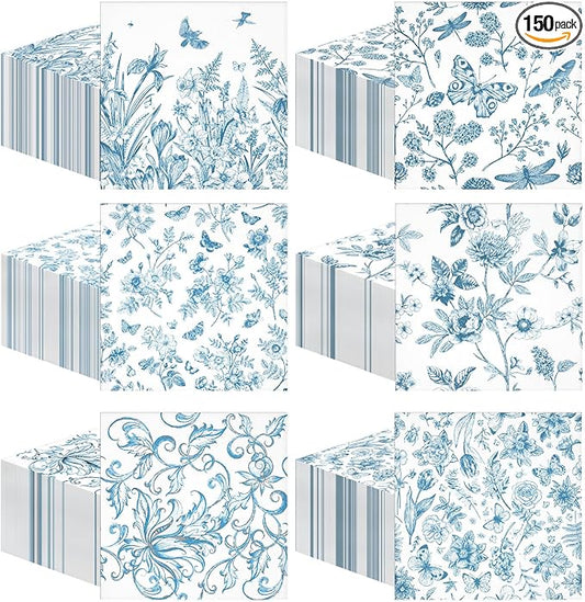 150 Pcs Blue Floral Cocktail Napkins 10 x 10 Inch 6 Styles Assorted Blue Flower Paper Disposable Napkins for Decoupage Home and Kitchen Bridal Baby Shower Tea Party Garden Party Birthday