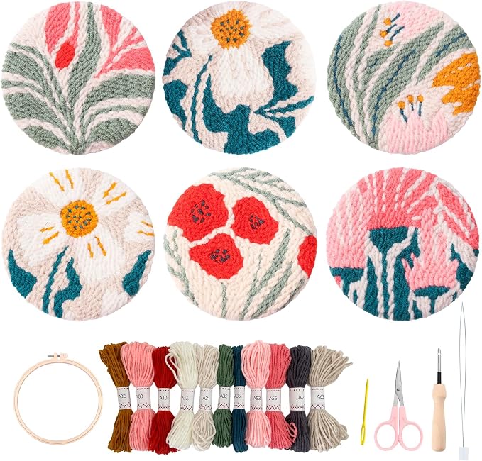 Punch Needle Coasters kit, 6-piece Flower Pattern Set by Myfelicityembroiderykit