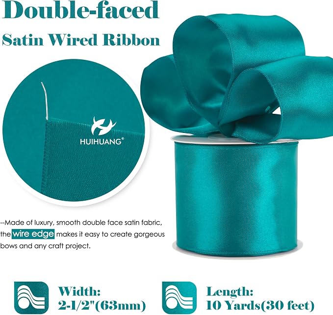 HUIHUANG Teal Wired Ribbon 2.5 inch Peacock Blue Satin Wire Ribbon - Image 2